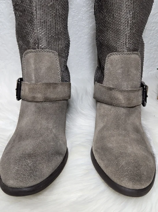 Donald J. Pliner Dela Taupe Suede Western Tall Buckle Boots, Size 7.5 - Picture 3 of 9